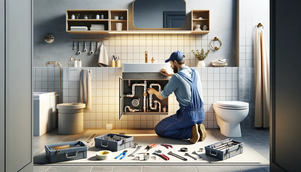 eatures a plumber working in a bathroom setting, focusing on the professional and tidy aspect of the service